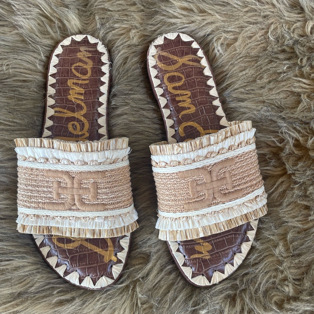 Sam Edelman Woven Tan and Cream Slide Sandals
